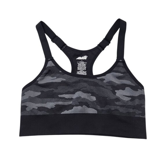 Avia Activewear Sports Bra Racerback Black Gray Camo Workout Fit Gear Large - Picture 1 of 5